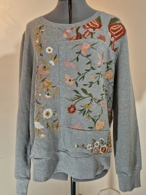 Embroidered Floral Grey Sweatshirt Top From Anthropologie.
